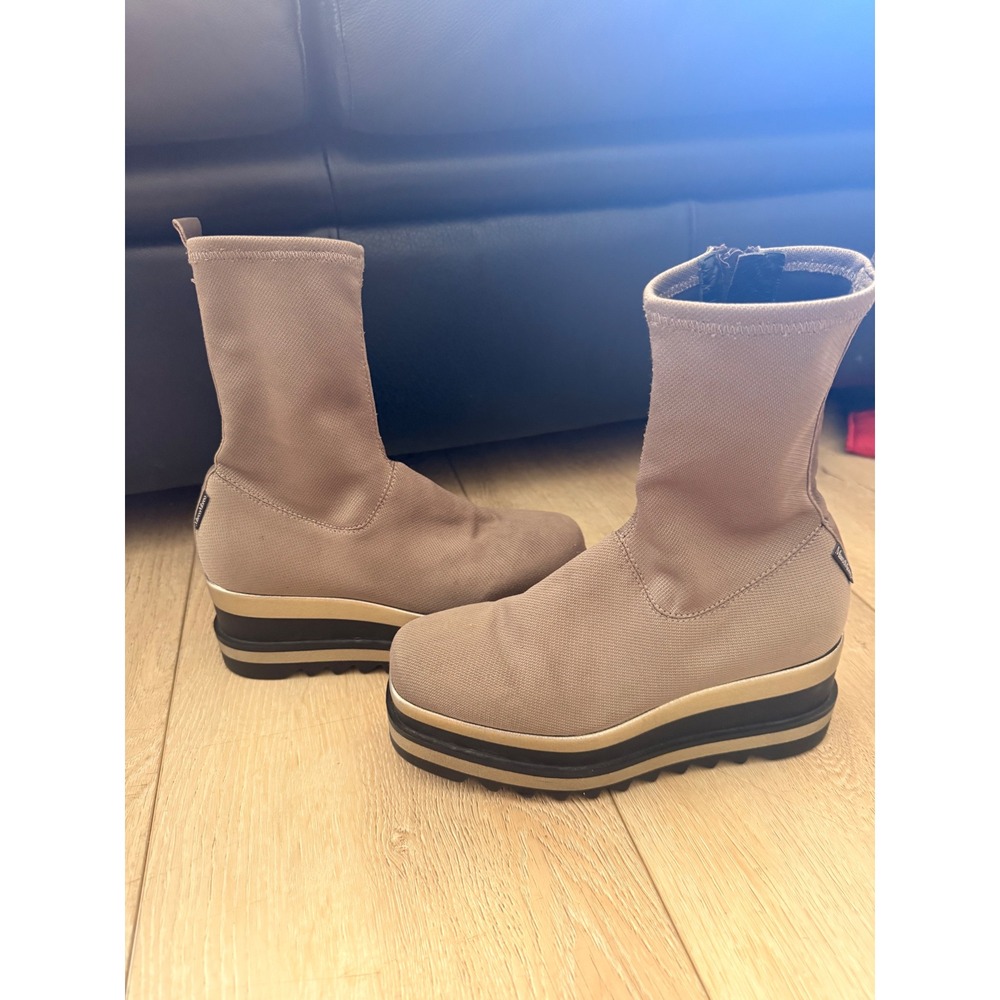 Marco Moreo Milano Taupe Fabric Platform Sock Boots gold Trim Size 35